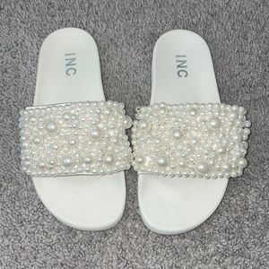 INC white pearl slip ons